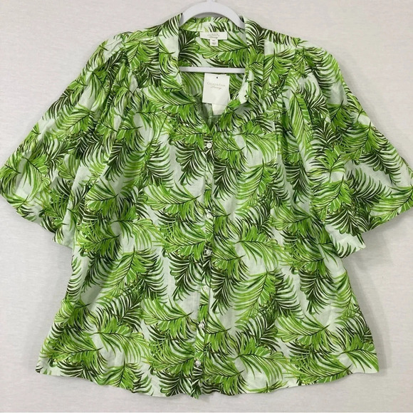 New Charter Club Green Leaf Print Linen Blend Short Sleeve Button Down XXL - Picture 1 of 10
